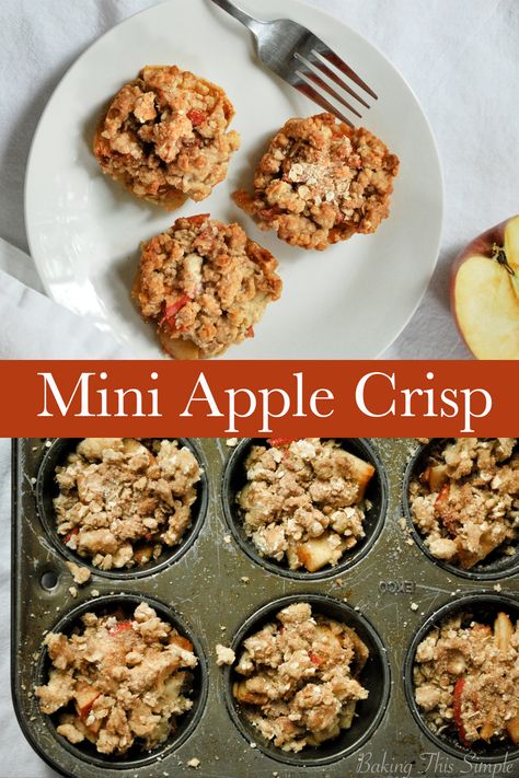 These mini apple crisp are so easy to put together and are simply delicious. The perfect bite sized dessert for any occasion. #bitesizeddessert #quickdesserts #miniapplecrisps Apple Crisp Muffin Bites, Dessert Cookoff Ideas, Easy Apple Desserts Individual, Apple Crisp Muffin Tin, Mini Apple Crisps In Muffin Tin, Apple Crisp Cups Easy, Apple Crisp In Cupcake Pan, Mini Apple Crisp Cups, Muffin Tin Apple Crisp