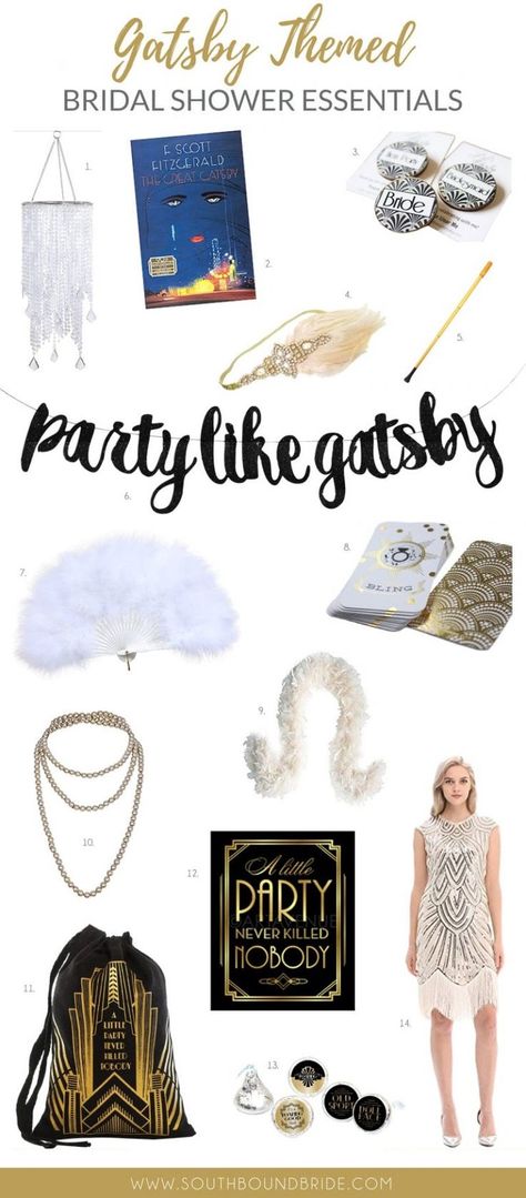 How to Throw a Great Gatsby Themed Bridal Shower | SouthBound Bride Great Gatsby Bridal Shower Ideas, Gatsby Bridal Shower Ideas, Gatsby Bachelorette Party, Gatsby Decor, Hens Party Themes, Vintage Bridal Bouquet, Party Like Gatsby, Gatsby Theme, Themed Bridal Shower