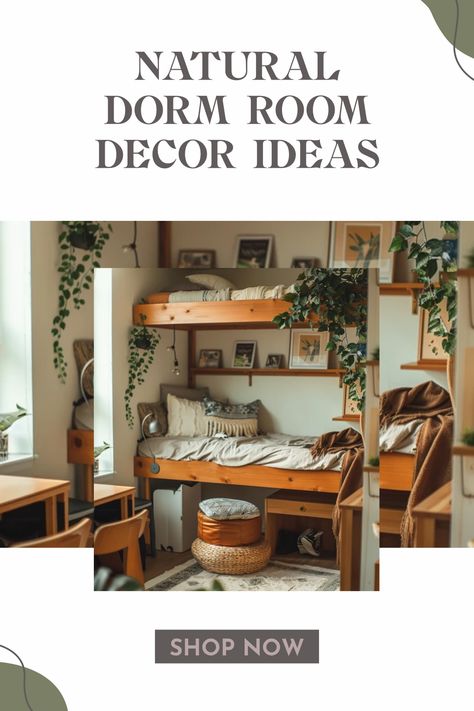 Natural dorm room decor ideas showcasing earthy styles with wooden accents and greenery. Perfect for creating a serene study space in college. Natural Dorm Room, Vibe Dorm Room, Natural Decor Ideas, Dorm Room Decor Ideas, Small Dorm, Earthy Vibes, Serene Environment, Dorm Room Ideas, Leafy Plants