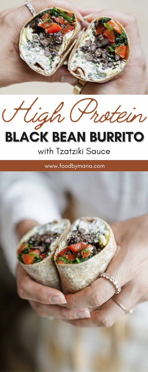 This High Protein Black Bean Burrito with Tzatziki Sauce is a unique breakfast option! Of course, you can make it for lunch or dinner, too. These breakfast burritos are entirely customizable, full of protein, and absolutely delicious. These burritos are perfect if you’re looking for a vegetarian breakfast option and you’re craving eggs! Black Bean Egg Burrito, High Protein Bean Burrito, Black Bean Breakfast Burrito, Protein Breakfast Burrito, High Protein Breakfast Burrito, Breakfast Savory, Breakfast Burrito Recipe, Unique Breakfast, Vegetarian Burrito