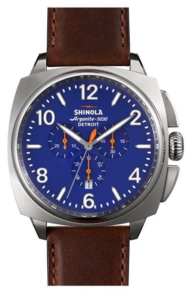 Shinola 'The Brakeman' Chronograph Leather Strap Watch, 46mm Shinola Watch, Mens Watches Popular, Swiss Army Watches, Skeleton Watches, Seiko Watches, Stylish Watches, Brown Leather Strap, Beautiful Watches, Patek Philippe