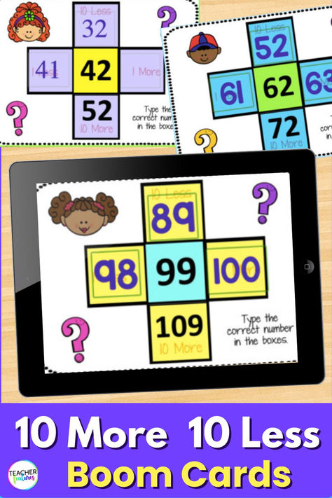 Strengthen number sense & place value skills with this Boom Cards review of 10 More 10 Less! Ideal for 1st graders, these 36 cards provide an engaging way for students to practice adding & subtracting by 10s. Perfect for math centers, homeschooling, & more. Get your students mastering 10 more 10 less in no time! Google Classroom Elementary, Missing Addends, Art Math, First Grade Lessons, Self Contained Classroom, Modern Classroom, Math Tutorials, Preschool Projects, Base Ten