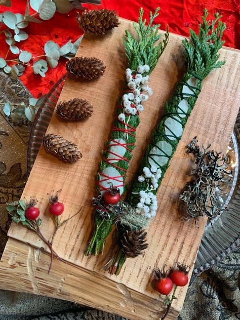 Yule Wands, Yule Decorations Winter Solstice, Christmas Wands, Altar Blessing, Pearly Everlasting, Cedar Greenery, Smudge Bundles, Yule Crafts, Woodland Winter