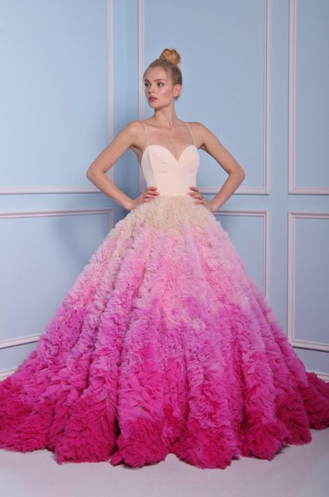 hot pink wedding dress, ombre detail. Definite WOW factor. Click to read more unique wedding dresses you have to see in 2017! Wedding Dress Pink, Ombre Wedding Dress, Bridal Gown Styles, Wedding Dresses Blush, Ruffle Wedding Dress, Pink Wedding Dress, Pink Wedding Dresses, White Gown, Princess Ball Gowns