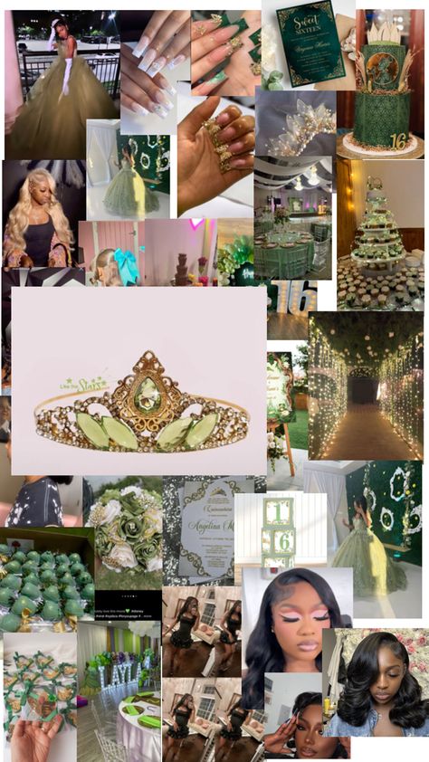 sweet 16 ideas from looks to decorates Victorian Sweet 16 Theme, Sweet 16 Green Theme, Sweet 16 Green, Sweet 16 Ideas, Princess Sweet 16, Gold Sweet 16, Sweet 16 Themes, Quince Decorations, Green Theme