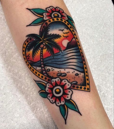 American Tattoo Ideas, Traditional American Tattoo, Sailor Jerry Tattoo, Jerry Tattoo, Tattoo Over Scar, Hawaii Tattoos, Island Tattoo, Sunset Tattoos, Palm Tattoos