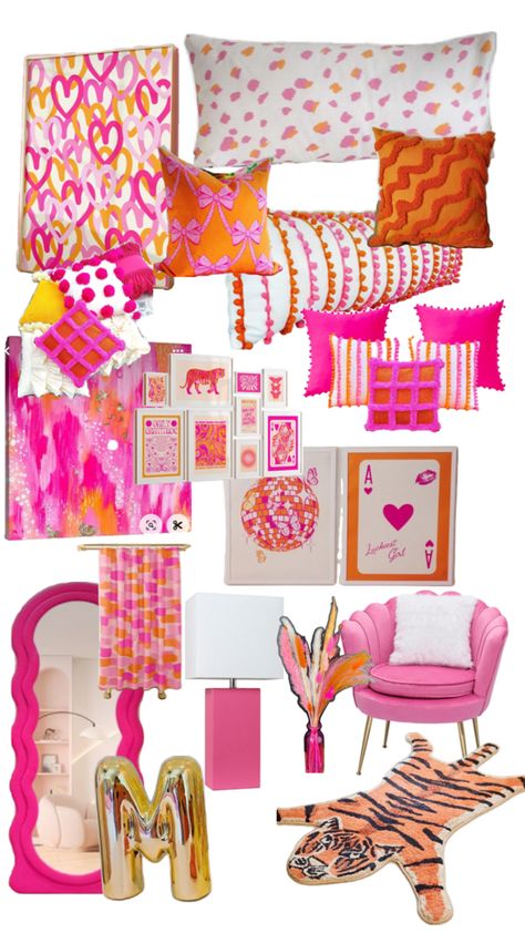 Pink And Orange Desk Decor, Hot Pink And Orange Aesthetic Room, Dorm Orange And Pink, Cute Colorful Room Ideas, Hot Pink And Gold Room, Colorful Rooms Ideas, Peach Fuzz Bedroom, Pink And Orange Room Ideas, Room Ideas Pink And Orange