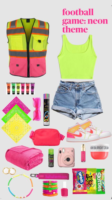 #fridaynightlights #neon #footballgametheme Neon Night Football Theme, Neon Spirit Day Outfit School, Neon Homecoming Theme Outfits, Neon Outfit Ideas For Football Games, Football Game Neon Theme, Neon Cheer Theme, Neon Fnl Theme, Neon Pep Rally Outfit, Neon Football Game Outfit