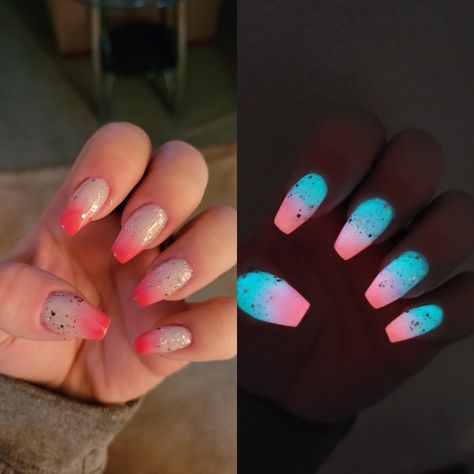 Ombre Glow In The Dark Nails, Cute Glow In The Dark Nails, Glow Dark Nails, Glow In The Dark Ombre Nails, Glow In The Dark Dip Powder Nails, Glow In Dark Nails Art Designs, Glow Acrylic Nails, Glow In The Dark Nails Short, Pink Glow In The Dark Nails Acrylic