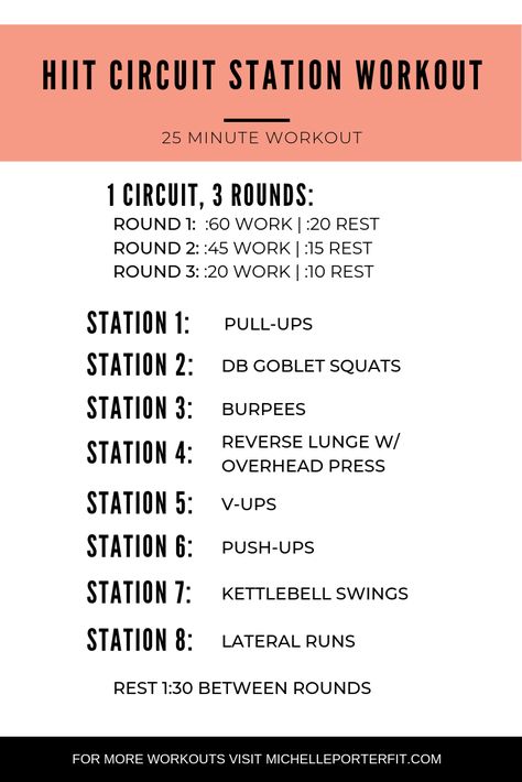 HIIT Circuit Station Style Workouts are a great method to combine bodyweight training, weight training, plyometrics, cardio, gymnastics, and core work all into one awesome workout and it’s also anything but boring!  #circuit Hiit For Beginners, 25 Minute Workout, Hiit Circuit, Hiit Treadmill, Emom Workout, Conditioning Workouts, Hiit Training, Home Exercise Routines, Hiit Cardio