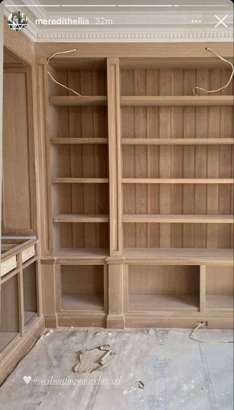 Spanish Style Built In Bookcase, Natural Wood Built In Bookshelves, Antique Built In Bookcase, White Oak Library, Bookcase Trim Ideas, French Bookshelves, White Oak Built In Bookshelves, Victorian Built In Bookcase, Bookshelf Built In