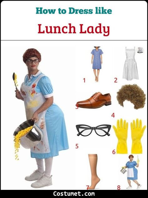 Lunch Lady & Sloppy Joe (SNL) Costume for Cosplay & Halloween 2022 Lunch Lady Costume, Snl Halloween, Snl Characters, Matilda Costume, Black Turtleneck Top, Blue Work Dress, Lunch Outfit, Halloween Costumes For Women, Black Oxford Shoes