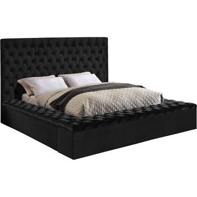 Everly Quinn Ruthann Upholstered Storage Platform Bed Size: King, Colour: Black Black Velvet Bed, Upholstered Bed With Storage, Storage Platform Bed, Velvet Upholstered Bed, Bed Black, Storage Platform, Upholstered Panel Bed, Bedroom Essentials, Velvet Bed