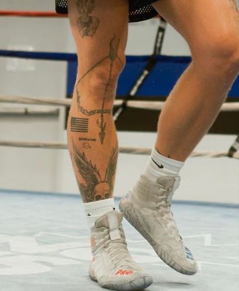 Dgray Man Tattoo, Leg Tattoo Men Above Knee, Knee Tattoo Men Ideas Guys, Below Knee Tattoo Men, Jake Paul Leg Tattoo, Men’s Knee Tats, Tattoo Inspiration Men Leg, Mens Quad Tattoo, Around The Knee Tattoo Men