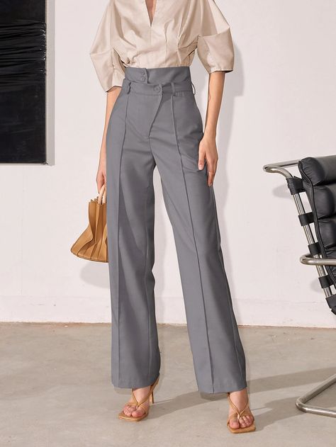 High Waist Plicated Detail Suit Pants | SHEIN EUR Grey Trousers Outfit, Formal Pants Women, Grey Pants Outfit, Office Attire Women, Celana Fashion, Grey Slacks, Trouser Outfit, Slacks For Women, Professional Outfits Women