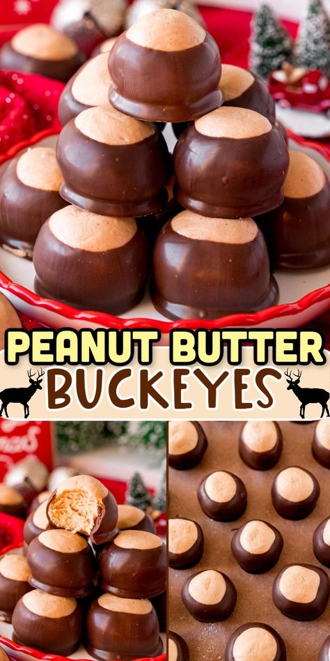 These rich, fudge-like Peanut Butter Buckeye Balls are so easy to make with just 5 simple ingredients! I've perfected this no-bake treat recipe, and the results are incredibly delicious and perfect for gifting! If they're not already part of your holiday traditions, I guarantee they will be once you try them! via @sugarandsoulco Christmas Buckeyes Recipe, Almond Bark Ritz Peanut Butter, Peanut Butter Balls Pioneer Woman, Peanut Butter Buckeye Balls, Bullseye Peanut Butter Balls, Fudge Balls No Bake, Buckeyes Recipe With Paraffin, Peanut Butter Holiday Cookies, Christmas Buckeye Balls