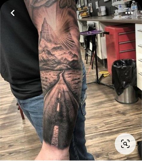 Highway Tattoo Ideas, Highway Tattoo, Pelican Tattoo, Arm Cover Up Tattoos, Scenery Tattoo, Jungle Tattoo, Nature Tattoo Sleeve, Biker Tattoos, Girl Arm Tattoos