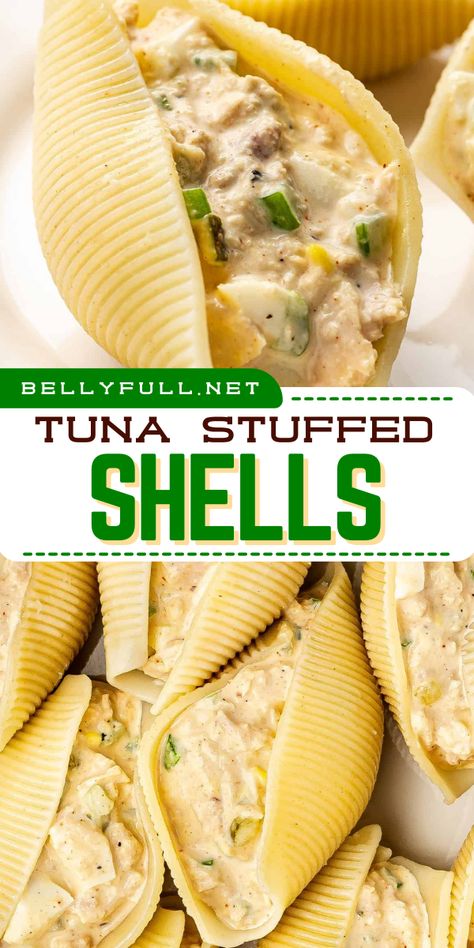 Elevate your party spread with this Tuna Stuffed Shells recipe! These jumbo pasta shells filled with a creamy tuna salad make easy appetizers for a party. It's a delightful party food idea that's sure to impress your guests! Pasta Shell Recipes Stuffed, Tuna Stuffed Shells, Jumbo Shells Recipe, Creamy Tuna Salad, Chicken Salad Appetizer, Easy Appetizers For A Party, Jumbo Shell Recipes, Shell Recipes, Appetizers For A Party