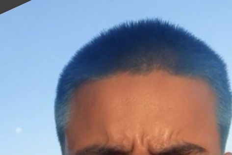 Blue Hair Buzzcut, Light Blue Buzzcut, Dark Blue Buzzcut, Blue Buzzcut Men, Blue Buzzcut, Buzz Cut Dyed, Blonde Hair With Blue Tips, Blue Tips Hair, Haircut Options