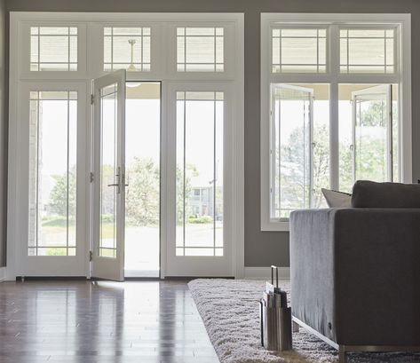 French Door With Transom Exterior, Prairie Windows, Craftsman Chic, Patio Doors Ideas, Prairie Style Windows, Grid Windows, Door Transom, Craftsman Style Decor, Patio Windows