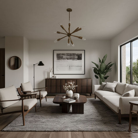 20 Things To Know About The Mid Century Modern Design Midcentury Modern Apartment, Neutral Modern Living Room, Mid Century Minimalist, Mid Century Modern Living Room, Neutral Living Room, Dream Living, Modern Apartment, Mid Century Modern Design, Modern Area Rugs