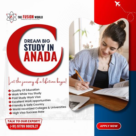 Unlock endless opportunities and elevate your future with a Canadian Study Visa 🇨🇦📚! Join the Fusion World family as we guide you through the path to world-class education and unforgettable experiences. 🌟🎓 🎓✨ Start your journey to success today. DM us "Study In Canada" to learn more! 👆🇨🇦 #studyincanada #highereducation #canada #canadastudyvisa #jan2024intake #studyabroad #canadaeducation #highereducation #bestcanadavisaconsultant #Visaconsultants Study In Canada Creative Ads, Canada Study Visa, Canada Study, Admissions Poster, Study In Canada, Journey To Success, Endless Opportunities, Work Opportunities, Medical Studies