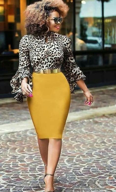 Animal Print with a Pop of Colour| Style | Outfit Ideas For Black Women, Office Wears, Yellow Pencil Skirt, Yellow Pencil, Mode Tips, Chic Chic, Afrikaanse Mode, Cool Summer Outfits, Summer Work Outfits