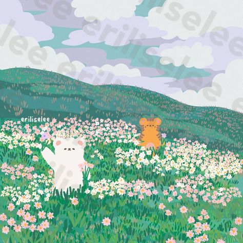 Flower Field Illustration Art, Field Flowers Illustration, Field Of Flowers Drawing, Flower Field Drawing, Flower Field Illustration, Illustration Art Cute, Daisy Illustration, Spring Illustrations, Daisy Doodle