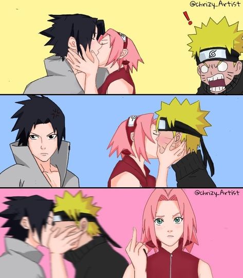 Sasuke X Naruto X Sakura, Sakura And Sasuke Fanart, Narusaku Kiss, Sakura And Sasuke Kiss, Naruto Images, Naruto Teams, Anime Ninja, Recent Anime, Sasuke X Naruto