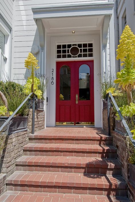 15 Eye catching Victorian Entryway Designs Youre Gonna Love Red Doors On Houses Entrance, Red Doors On Houses, Houses Entrance, Victorian Entryway, Garage Door Trim, Double Front Entry Doors, Double Door Entryway, Red Doors, Garage Door Types