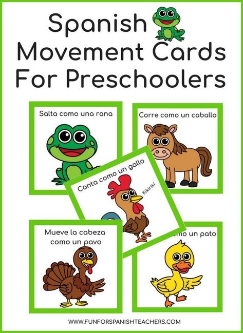 Spanish movement cards incorporate physical activity into language learning. Printable cards with animal words and common verbs to use with kids. Preschool Spanish Lessons, Spanish Animals, Spanish Preschool, Movement Cards, Preschool Spanish, Cards With Animals, Learning Spanish For Kids, Spanish Games, Spanish For Kids