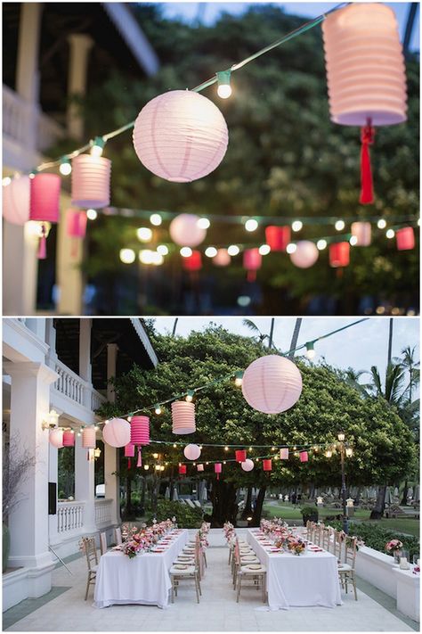 Lights And Lanterns Party, Paper Lanterns Outdoor, Lantern Hanging Light, Paper Lantern Backyard, Outdoor Party Lighting Ideas, Paper Lantern Decor Outdoor Party Ideas, Decorating With Paper Lanterns, Outdoor Wedding Reception Lighting, Backyard Lanterns