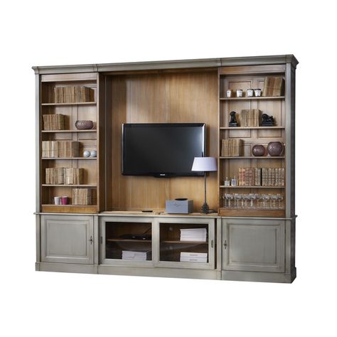 Sliding Bookcase TV Modular from GRANGE Furniture - Dering Hall Tv Bookcase, Hidden Tv Cabinet, Living Room Units, Built In Wall Units, Tv Built In, Hidden Tv, Casa Country, Bookcase Wall, Media Cabinet