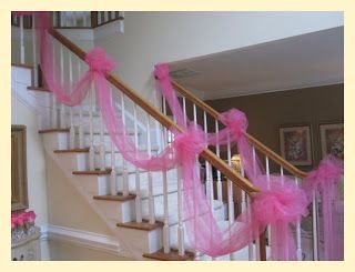 staircase decoration- preferably white instead of the pink Wedding Staircase, Princess Tea Party, Disney Princess Birthday, Staircase Decor, Stair Decor, Princess Theme, Shower Bebe, Princess Birthday Party, Baby Shower Fun