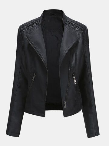 I found this amazing Solid Color Faux PU Leather Zip Front Jacket For Women with US$52.99,and 14 days return or refund guarantee protect to us. --Newchic Faux Leather Jacket Women, Pu Jacket, Leather Blazer Jacket, Style Sportif, Long Sleeve Outerwear, Biker Leather, Winter Jackets Women, Leather Motorcycle Jacket, Leather Moto Jacket