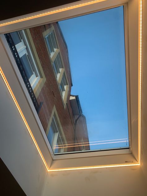 Led Lights Around Window, Skylight Lighting Ideas, Bathroom With Velux Window, Roof Lights Ideas Ceilings, Led Tape Lighting Ideas, Skylight Lighting, Skylights Ideas, Flat Roof Lights, Loft Windows