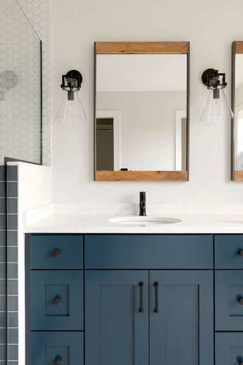 Navy Blue Bathroom Cabinets With Black Hardware, Blue Cabinet With Black Hardware, Navy Blue Double Vanity Bathroom, Navy Cabinets With Black Hardware, Navy Vanity Black Hardware, Blue Vanity Black Hardware, Blue Bathroom Black Fixtures, Navy Cabinets Black Hardware, Navy And Tan Bathroom