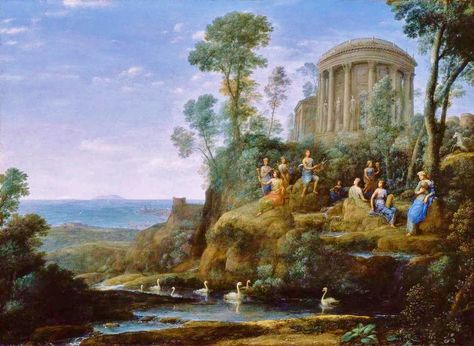 1680, "Apollo and the muses on Mount Parnassus" - Claude Lorrain (1600-1682) Apollo And The Muses, English Landscape Garden, The Muses, Classical Mythology, Greek And Roman Mythology, Roman Mythology, Oil Painting Reproductions, Caravaggio, Painting Reproductions