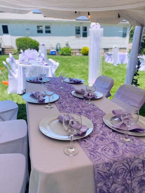 Table Linens Purple Sequin, Silver Table, Purple And Silver, Table Set Up, Table Set, Quinceanera, Table Settings, Table Decorations, Purple