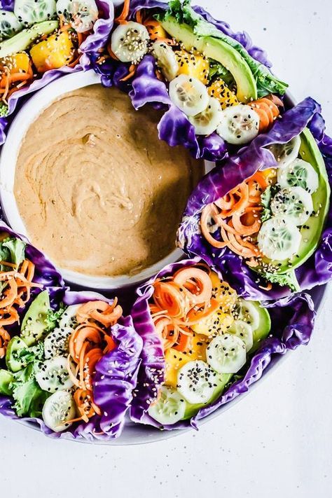 Rainbow Cabbage Wraps | Healthy Little Vittles Cabbage Wraps, Healthy Wraps, Cucumber Avocado, Rainbow Carrots, Purple Cabbage, Eat The Rainbow, Raw Vegan Recipes, Peanut Sauce, Raw Food Recipes