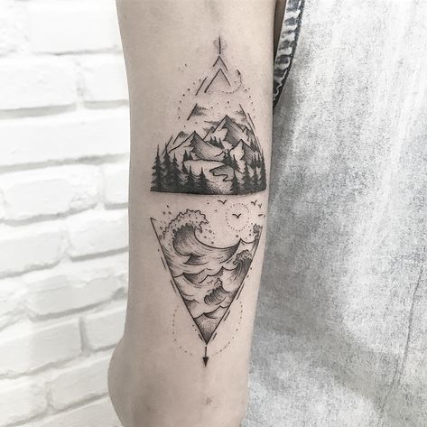 Mountain And Sea Tattoo, Ocean Sleeve Tattoos, Desert Tattoo, Mountain And Sea, Couple Tattoos Unique, Sea Tattoo, Triangle Tattoos, Forest Tattoos, Ocean Tattoos