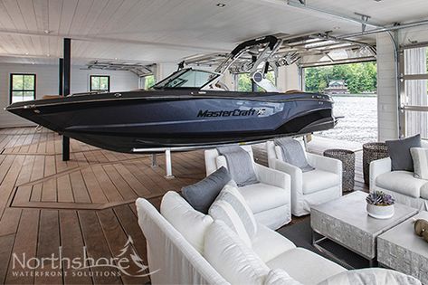 Luxury Boat House, Boat Garage Ideas, Boat House Ideas Lakes, Boat House Design, Boat Dock Ideas, Lake Boat House, Boat Lift Dock, Boathouse Design, Boat Garage