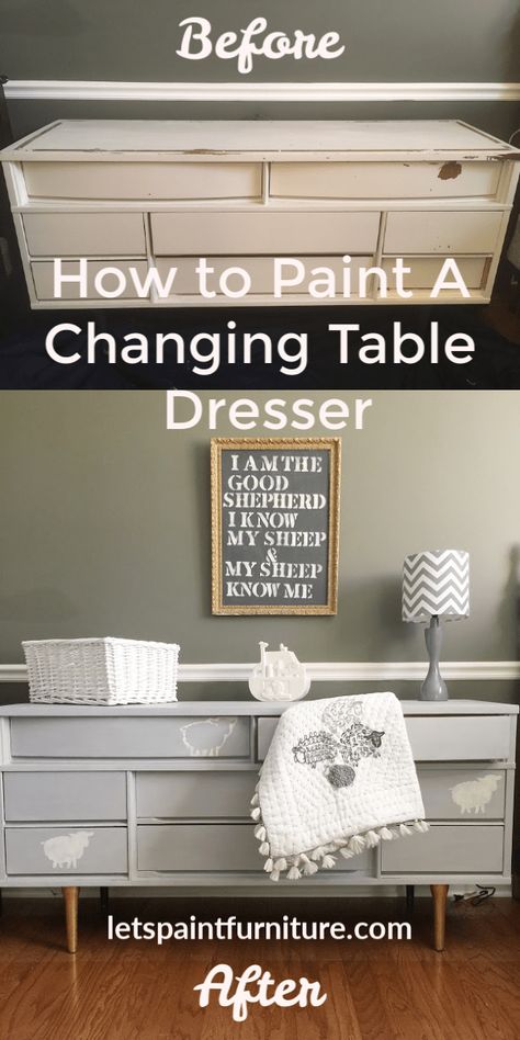 Painted Nursery Furniture, How To Chalk Paint, Staining Furniture, Refinishing Furniture Diy, Changing Table Dresser, Nursery Dresser, Children's Furniture, Stencil Furniture, Furniture Redo