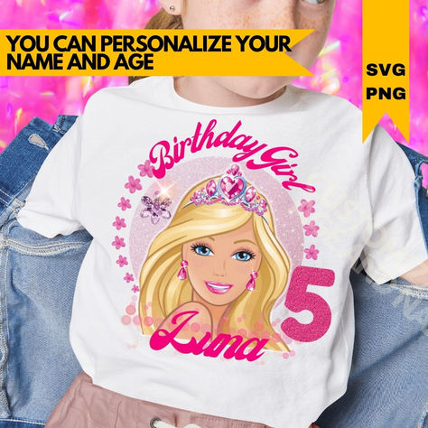 Barbi birthday T-shirt design Template,Barbi Birthday Svg, kids Birthday tshirt party, kids Editable Barbie Tshirt Ideas, Birthday Tshirt Ideas Kids, T Shirt Design Template, Svg Kids, Birthday Svg, Birthday Tshirts, 6th Birthday, 4th Birthday, Scarf Hairstyles