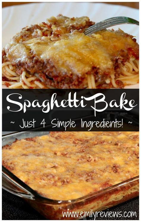 Super Simple cheesy Spaghetti Bake casserole - Just 4 Ingredients in this easy weeknight recipe! | Emily Reviews Baked Spagetti, Easy Baked Spaghetti Recipe, Easy Baked Spaghetti, Spaghetti Bake, Simple Supper, Spaghetti Casserole Recipe, Spagetti Recipe, Spaghetti Recipes Easy, Baked Spaghetti Casserole