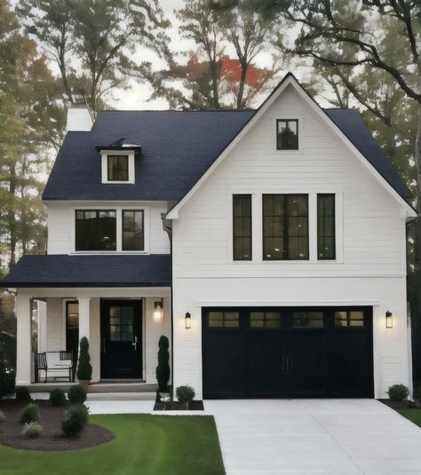 Start your home journey today! Design, build, buy, or refinance with True Mortgage Plus. Click the link in bio to learn more! White House With Black Trim Windows, Small Black And White House Exterior, Black And White Outside House, White House Exterior Black Trim, White And Black Home Exterior, Houses Small Modern, Modern House Black And White, Garage Front Ideas, Small Aesthetic House