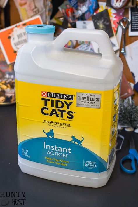 Turn your empty kitty litter jugs into cute storage buckets. Upcycling empty containers for inexpensive DIY organizing is quick and easy! Kitty Litter Jug Repurpose, Plastic Litter Containers, Upcycle Cat Litter Container, Kitty Litter Container Reuse, Tidy Cats Container Ideas, Repurpose Cat Litter Jugs, Recycle Litter Containers, Litter Container Repurpose, Plastic Jugs Upcycle Diy Ideas