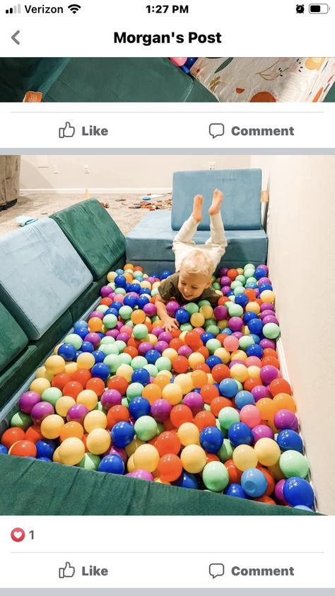 Nugget Ball Pit Build, Nugget Couch Ball Pit, Nugget Ball Pit, 2 Nugget Couch Builds, Nugget Couch Builds, Kid Forts, Nugget Configurations, Two Years Old Activities, Nugget Builds