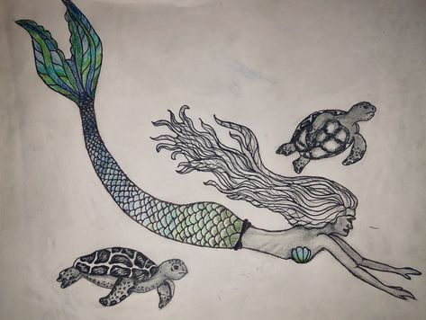 #mermaid #swimming #drawings #art #turtle #sketches Mermaids And Sea Turtles, Mermaid Swimming Art, Mermaid Sea Turtle Tattoo, Mermaid Turtle Tattoo, Mermaid And Turtle Tattoo, Swimming Mermaid Tattoo, Mermaid Swimming Drawing, Turtle Sketches, C Section Scar Tattoo