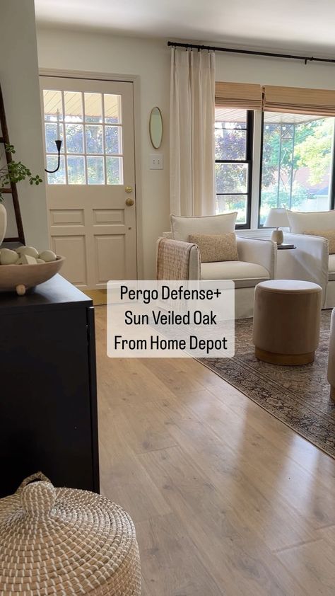 Kristin Marie Dallavia on Instagram: “We chose the Pergo Defense+ laminate floors in the color Sun-Veiled Oak from Home Depot. They are waterproof, scratch proof (amazing for…” Best Pergo Flooring, Crema Oak Pergo, Lifeproof Fresh Oak Flooring, Pergo Oak Flooring, Lifeproof Alexandria Oak Vinyl Flooring, Pergo Waterproof Laminate Flooring, Anderson Oak Pergo, Boho Wood Flooring, Golden Rustic Oak Pergo